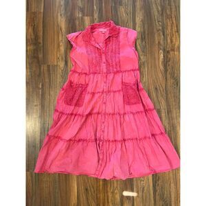 April Cornell Hot Pink Sleeveless Cotton Tiered Lace Trimmed Midi Dress, size XL